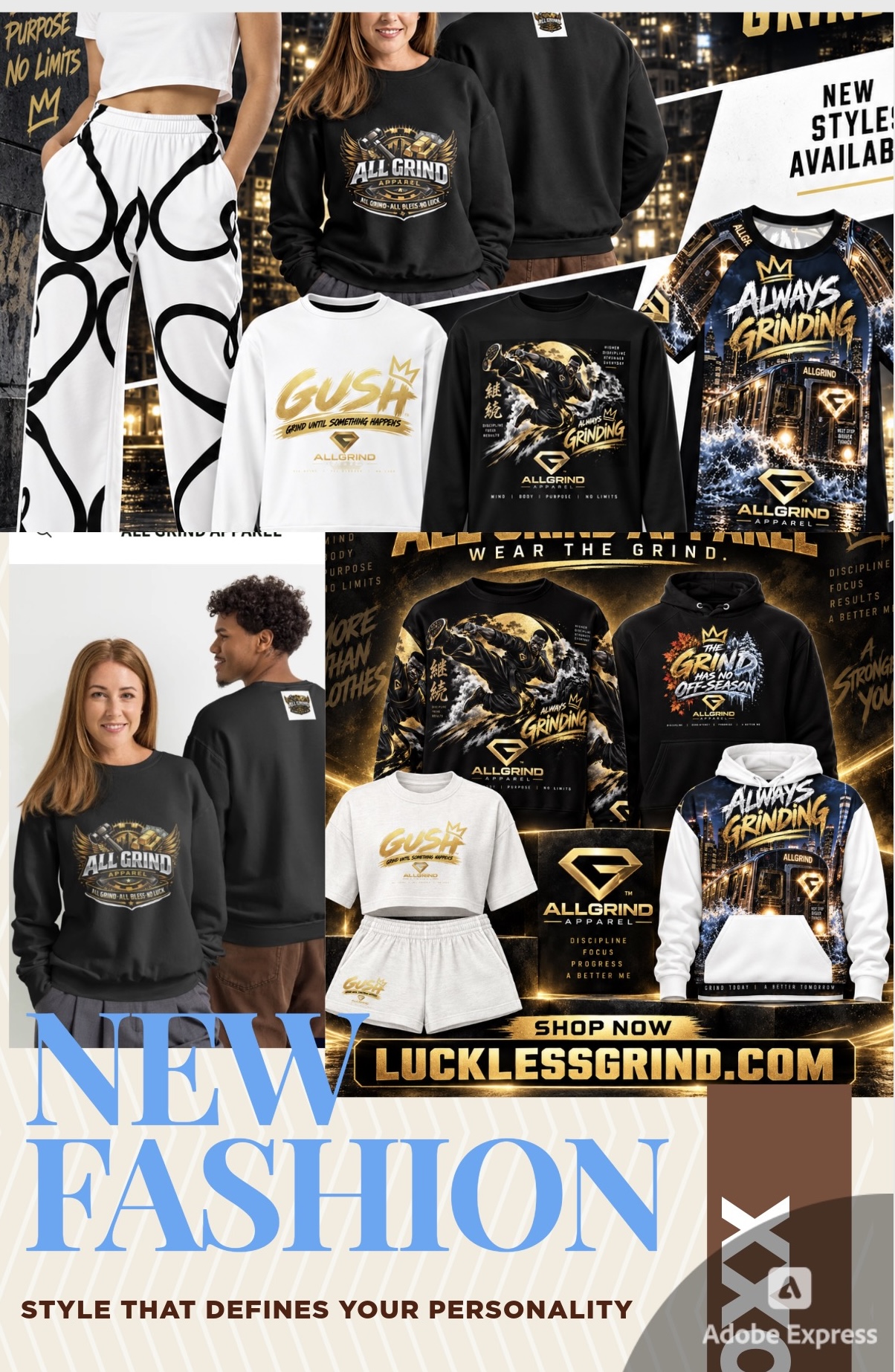 Allgrind Apparel clothing collection featuring black, white, and gold sweatshirts, tees, hoodies, and sets